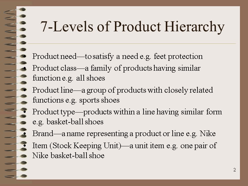 2 7-Levels of Product Hierarchy Product need—to satisfy a need e.g. feet protection Product